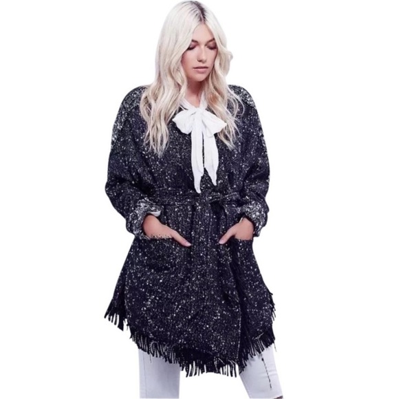 Free People Black Fringe Wrap Blanket Coat